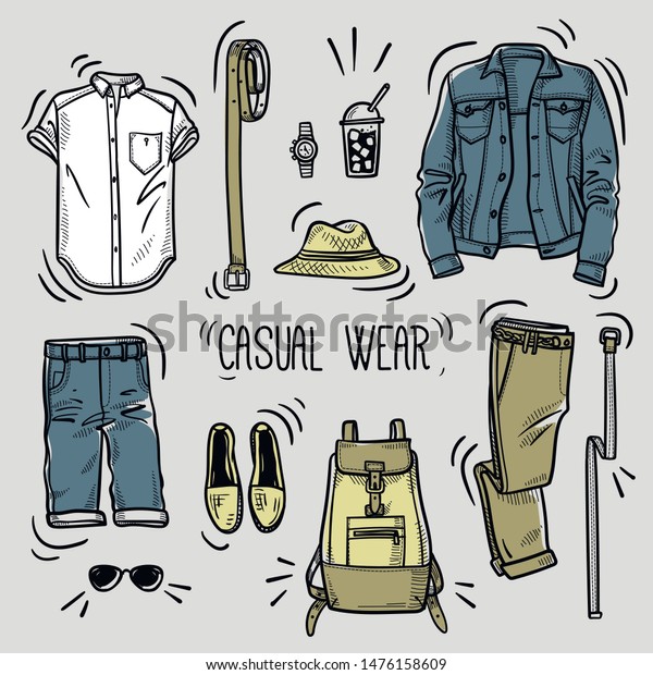 Hand drawn set of men\'s summer casual wear\
sketches: shirt, jeans jacket, linen chino pants, jeans shorts,\
boots espadrilles, watches, straw fedora hat, belt and backpack.\
Vector isolated colored