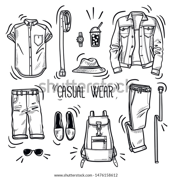 Hand drawn set of men\'s summer casual wear\
sketches: shirt, jeans jacket, linen chino pants, jeans shorts,\
boots espadrilles, watches, straw fedora hat, belt and backpack.\
Vector isolated outline