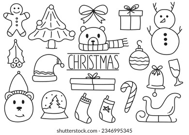 Hand drawn set of Merry Christmas New Years icons doodle illustrations. Element icons Christmas New Years.