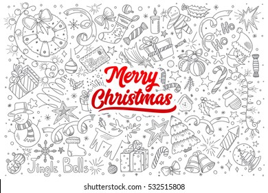 Hand drawn set of Merry Christmas doodles with red lettering in vector