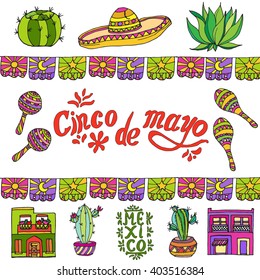 Hand drawn set of mexican elements: maracas, sombrero, cactus, houses and bright garland. Colored doodle sketch with lettering fifth of May for mexican holiday and MEXICO. Vector stock illustration