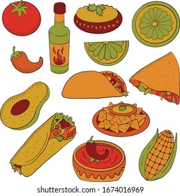 Hand Drawn Set with Mexican Food