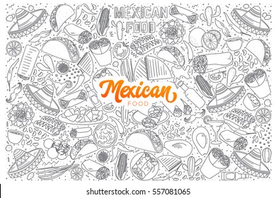 Hand drawn set of Mexican food doodles with orange lettering in vector