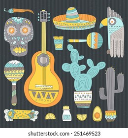 Hand drawn set of mexican symbols - guitar, sombrero, tequila, taco, skull, aztec mask, music instruments. Isolated national elements made in vector. Travel to Mexico icons for cards and web pages. 