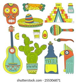 Hand drawn set of mexican symbols - guitar, sombrero, tequila, taco, skull, aztec mask, music instruments. Isolated national elements made in vector. Travel to Mexico icons for cards and web pages. 