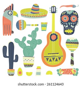 Hand drawn set of mexican symbols - guitar, sombrero, tequila, taco, skull, aztec mask, music instruments. Isolated national elements made in vector. Travel to Mexico icons for cards and web pages. 