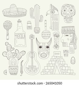 Hand drawn set of mexican symbols - guitar, sombrero, tequila, taco, skull, aztec mask, music instruments. Isolated national elements made in vector. Travel to Mexico icons for cards and web pages. 