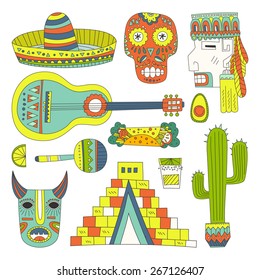 Hand drawn set of mexican symbols - guitar, sombrero, tequila, taco, skull, aztec mask, music instruments. Isolated national elements made in vector. Travel to Mexico icons for cards and web pages. 