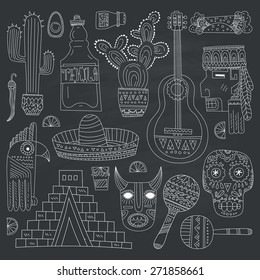 Hand drawn set of mexican symbols - guitar, sombrero, tequila, taco, skull, aztec mask, music instruments. Isolated national elements made in vector. Travel to Mexico icons for cards and web pages. 