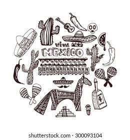 Hand drawn set of mexican symbols - guitar, sombrero, tequila, skull, aztec mask, music instruments. Isolated national elements made in vector. Travel to Mexico icons for cards and web pages. sketch