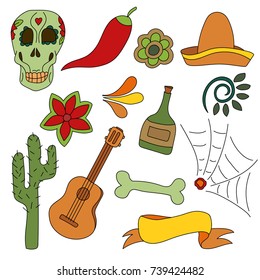 Hand drawn set of mexican symbols - guitar, sombrero, tequila, skull. Isolated national elements made in vector