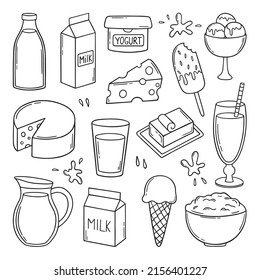 Hand drawn set of Milk and Dairy Products doodle.  Farm food: cheese, butter, yogurt, milk, ice cream, cottage cheese in sketch style.  Vector illustration isolated on white background.