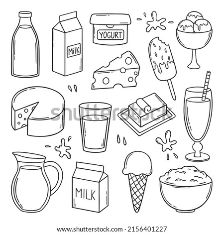 Hand drawn set of Milk and Dairy Products doodle.  Farm food: cheese, butter, yogurt, milk, ice cream, cottage cheese in sketch style.  Vector illustration isolated on white background.