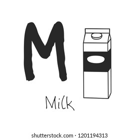 Hand drawn set of Milk and letter. Vector artistic drawing drink and alphabet. Help illustration for Language Teaching