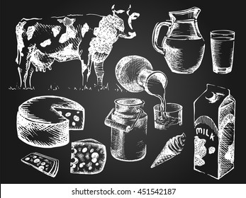 Hand drawn set of milk products on chalkboard. For shops, markets, cafe, restaurant menu.  Elements are isolated.  Vector illustration.