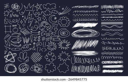 Hand drawn set of miscelanous doodles, vector illustration, background, line hand drawings, design elements, abstract scribbles, border, arrow