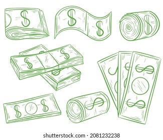 Hand drawn set money, vector illustration. Collection of dollar bills. Paper money, sketch isolated object.
