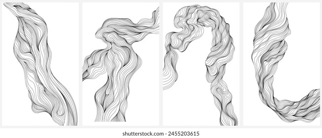 Hand drawn set of monochrome hand drawn curly hair design elements. Smoke or wavy hair design elements collection.