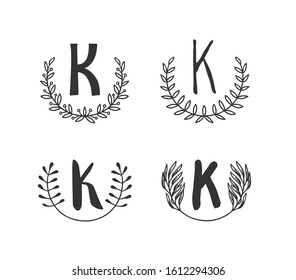 Hand drawn set of monogram objects for design use. Black Vector doodle flower on white background and Capital Letter K.  Abstract pencil boho drawing twig. Artistic illustration elements plant