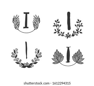 Hand drawn set of monogram objects for design use. Black Vector doodle flower on white background and Capital Letter I.  Abstract pencil boho drawing twig. Artistic illustration elements plant