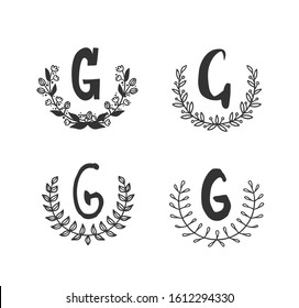 Hand drawn set of monogram objects for design use. Black Vector doodle flower on white background and Capital Letter G.  Abstract pencil boho drawing twig. Artistic illustration elements plant