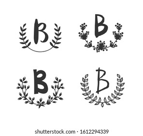 Hand drawn set of monogram objects for design use. Black Vector doodle flower on white background and Capital Letter B.  Abstract pencil boho drawing twig. Artistic illustration elements plant