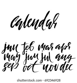 Hand drawn set of months. Modern dry brush lettering. Names of the months. Vector illustration. Handwritten grunge inscription.