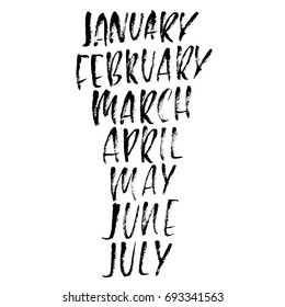 Hand drawn set of months. Modern dry brush lettering. Names of the months. Vector illustration. Handwritten grunge inscription.