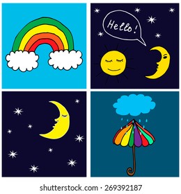 Hand drawn set with moon, sun, rainbow, rain and umbrella