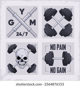 Hand drawn set of motivational designs of gym dumbbells with weight plates, encouraging gym quotes