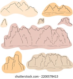 Hand drawn set of mountains. Black line art of southwest rocks on the background of abstract shapes. Minimalist design of desert vibes. Vector isolated clipart of western rocks on white background