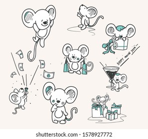 Hand Drawn Set Of Mouse For New Year., Doodle Mouse , Cute Mouse Cartoon Collection.