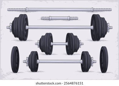 Hand drawn set of multiple gym workout equipment, collection of adjustable barbells and dumbbells