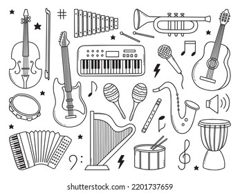 Hand drawn set of Music doodle. musical instruments in sketch style. Vector illustration isolated on white background