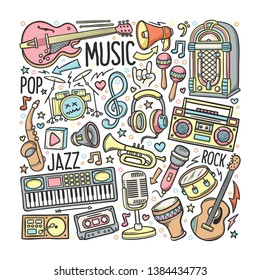 Hand drawn set of Music in Doodles Color Vector