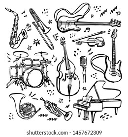 Hand drawn set of music instruments. Ink style vector illustration on white background