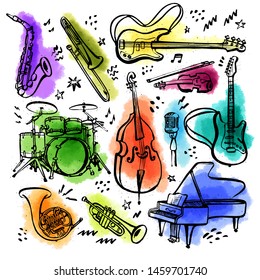 Hand drawn set of music instruments. Ink style vector illustration with watercolor stains on white background