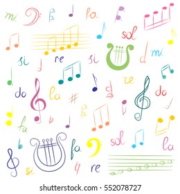 Hand Drawn Set of  Music Symbols. Colorful Doodle Treble Clef, Bass Clef, Notes and Lyre. Sketch Style Vector Illustration.