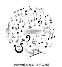 Hand Drawn Set of  Music Symbols.  Doodle Treble Clef, Bass Clef, Notes and Lyre Arranged in a Circle. Vector Illustration.