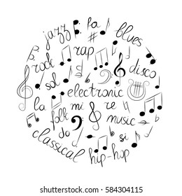 Hand Drawn Set of  Music Symbols.  Doodle Treble Clef, Bass Clef, Notes and Music Styles Arranged in a Circle. Vector Illustration.