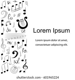 Hand Drawn Set of  Music Symbols.  Doodle Treble Clef, Bass Clef, Notes and Lyre. Template for Fliers, Banners, Badges, Stickers and Advertising Actions. Vector Illustration.