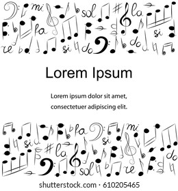 Hand Drawn Set of  Music Symbols.  Doodle Treble Clef, Bass Clef, Notes and Lyre. Template with Place for Text in Center. Vector Illustration.