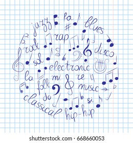 Hand Drawn Set of  Music Symbols.  Doodle Treble Clef, Bass Clef, Notes and Music Styles Arranged in a Circle on Copybook Sheet. Vector Illustration.