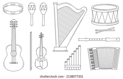 Hand drawn set of musical instruments. String, wind and percussion instruments
