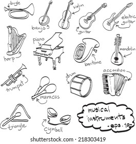 hand drawn set of musical instruments, doodles, vector.