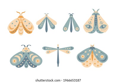 Hand drawn set of mystic moth isolated on white background.  Butterfly vector illustration. Mystery symbols. Design for birthday, party, clothing prints, greeting cards.