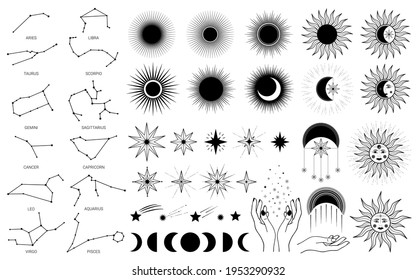 Hand drawn set of mystical Sun with woman`s face, moon, hand, zodiac symbol, star in line art. Spiritual celestial space, constellation, horoscope, astrology, magic galaxy talisman vector illustration
