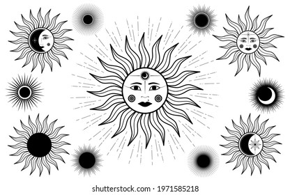 Hand drawn set of mystical Sun with woman`s face, star, moon in line art. Spiritual symbol celestial space. Magic talisman, antique style, vintage, boho, tattoo. Astronomy vector illustration