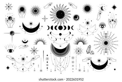 Hand drawn set of mystical Sun, moon, woman hand, diamond, star, eye in line art. Spiritual celestial space. Magic collection, galaxy talisman. Vector illustration isolated on white background