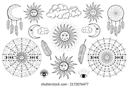 Hand drawn set of mystical Sun with woman`s face, moon, dreamcatcher, feather, zodiac symbol, star in line art. Spiritual celestial space, constellation, horoscope, magic talisman vector illustration